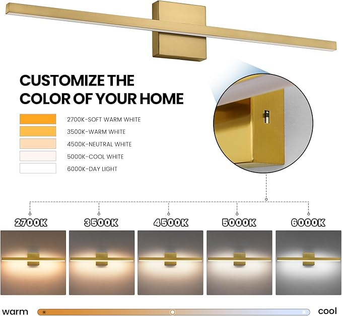 Epinl Gold Bathroom Light Fixtures - 23.6 inch Brushed Gold Vanity Lights for Bathroom Over Mirror Dimmable18W LED Dimmable 5CCT Wall Sconce Lighting Fixture for Bathrooms Bedroom
