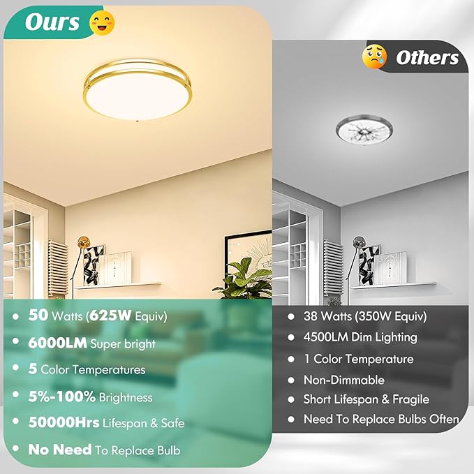 16 Inch LED Flush Mount Ceiling Light Fixture, Dimmable 5CCT Selectable 2700K Warm White-6500K Super Bright Daylight White, 50W 6000LM Round Gold Ceiling Lamps for Living Room Bedroom Kitchen, 2 Packs
