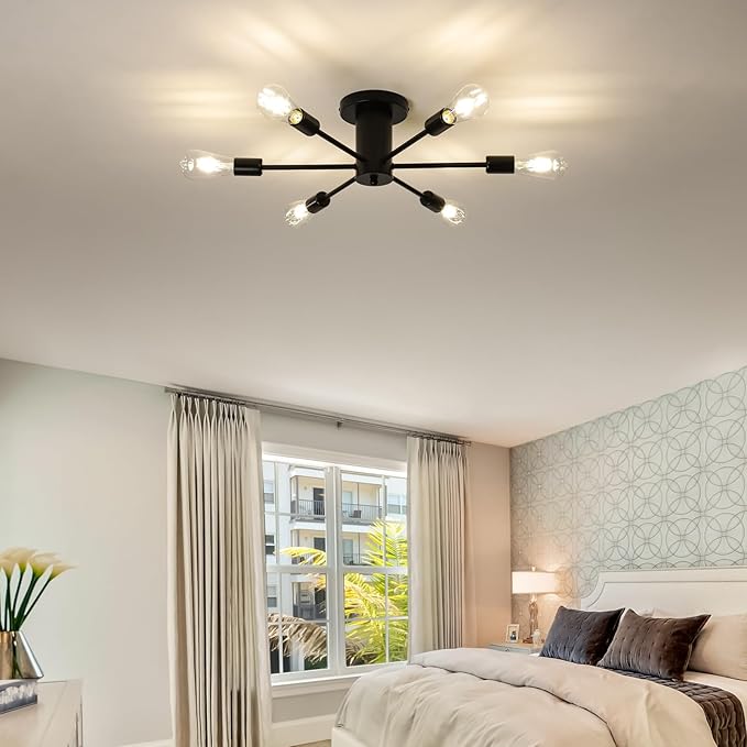 6-Lights Semi Flush Mount Ceiling Light, Matte Black Close to Ceiling Lighting with E26 Base, Modern Sputnik Light Fixtures for Living Room Bedroom Kitchen Dining Room