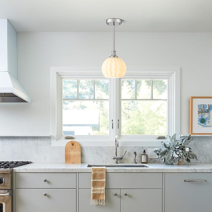 Brushed Nickel Pendant Lights Kitchen Island, 7.3" 1-Light Modern Farmhouse Milk Glass Globe Light Fixtures with Adjustable Rods, Hanging Ceiling Lighting for Sink, Hallway (E26 Base)