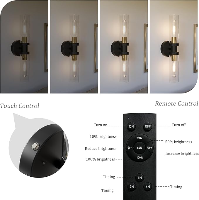 10000mAh Wireless Wall Sconces Set of 2, Rechargeable Battery Operated Wall Lights Remote Control Black & Gold No Hardwired Timer Dimmable Glass Wall Sconce for Living Room Bedroom Entryway, 16.5 Inch