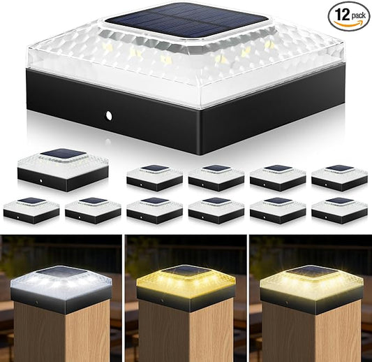 4x4 Solar Post Cap Lights 12 Pack, 3 Color Modes & 2 Brightness, IP67 Waterproof Fence Lights with Auto On/Off, 12-20H Runtime, No Wiring Needed for Outdoor Garden Yard