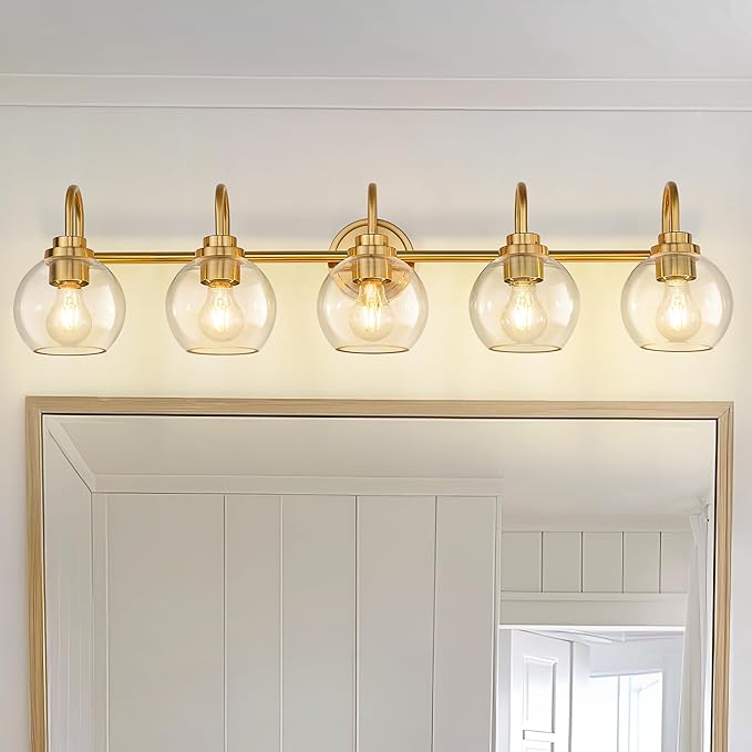 Bathroom Light Fixtures, 5-Light Brushed Gold Vanity Lights with Globe Clear Glass, 35 Inch Champagne Bronze Vanity Lighting Fixtures Over Mirror, AD-22280-5W-GD