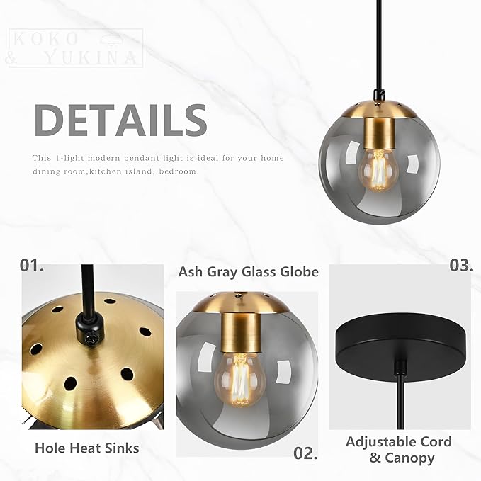 KoKo&Yukina 6 Inch Globe Pendant Light Gold Globe Pendant Lights Kitchen Island Mid Century Light Fixture with Grey Glass Shade for Dining Room