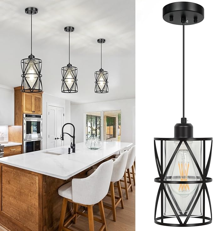 Black Pendant Lights Kitchen Island, Pendant Light with Clear Glass Shade, Modern Kitchen Lights, Hanging Light Fixture for Kitchen Island, Foyer, Dining Room, Entryway