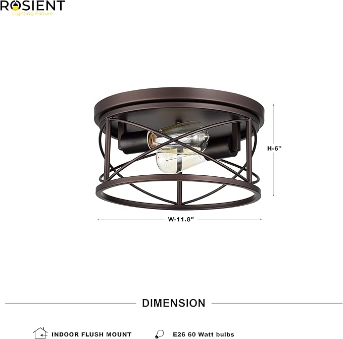 Industrial Flush Mount Lights, Farmhouse Close to Ceiling Flush Mount Lighting, 2-Light Flush Mount Ceiling Lighting Fixture (Oil Rubbed Bronze, 1 Pack)