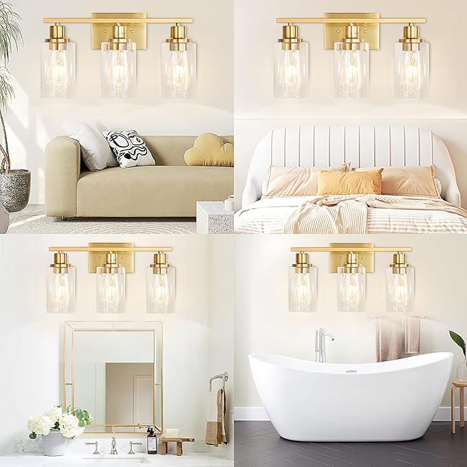 Gold Bathroom Wall Lights Brushed Brass 3-Light Vanity Light Fixtures Modern Wall Sconces with Clear Glass Shade, Bathroom Wall Lamp for Mirror Kitchen Bedroom Hallway Cabinet Porch