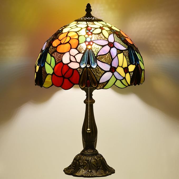 Tiffany Style Stained Glass Table Lamp, Floral Flower Desk Light with Antique Bronze Resin Base, Colorful Decorative Lighting for Bedroom, Living Room, Office 12X12X19 Inch (Flower Floral)