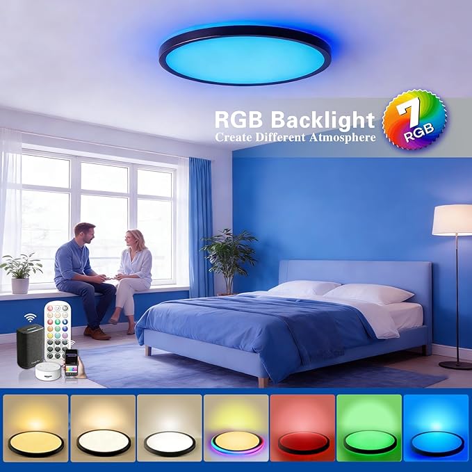 Flush Mount Ceiling Light for Bedroom： Led Ceiling Light 12 Inch - RGB Rear Color, Living Room,Black, 1-Pack