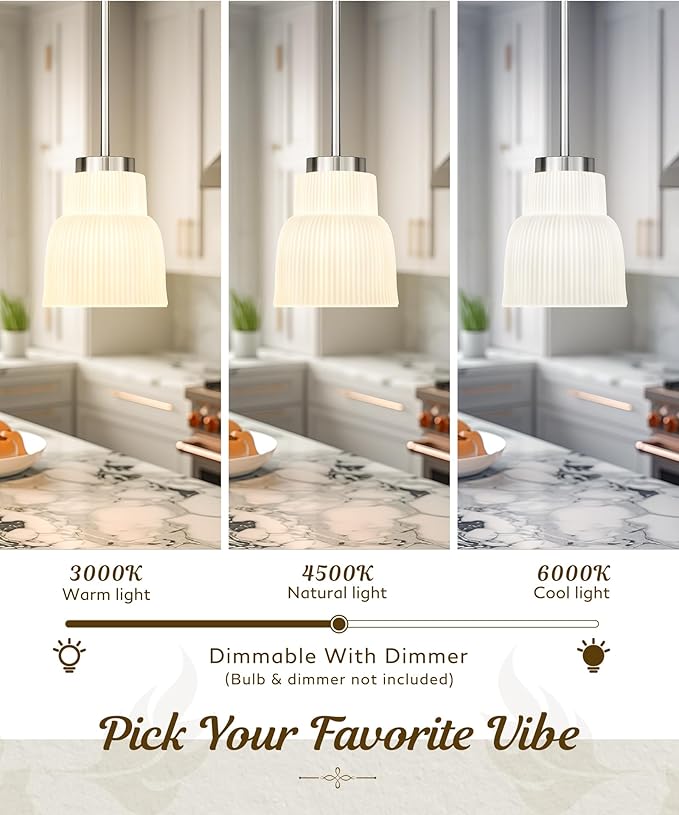 FEMILA 3 Pack 6.7" Vintage Light Fixtures, Milk Glass Kitchen Island Lighting, Brushed Nickel Antique Chandelier, Hanging Light Fixture for Bedroom Hotel Living Room, 4FYD87MIL-3PK BN