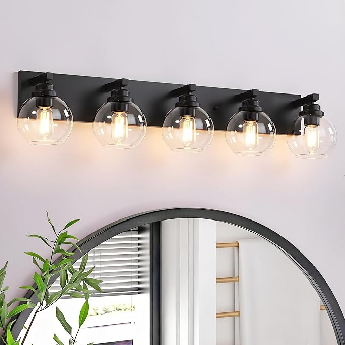 LmnLvn Bathroom Light Fixtures, 5-Light Matte Black Vanity Lights, Modern Bathroom Lighting Fixtures Over Mirror, Farmhouse Vanity Lights with Glass Shade for Living Room, Bedroom, Hallway