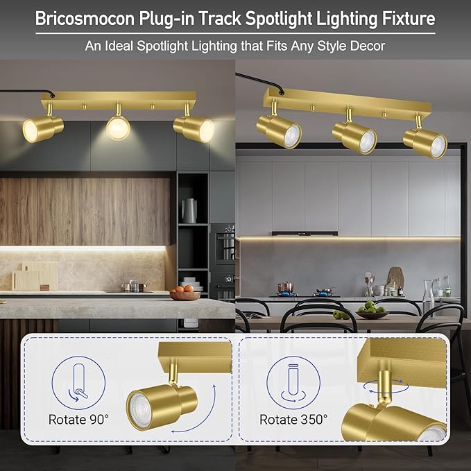 Plug-in Track Lighting LED, Track Light Fixtures Ceiling Kit, 15.7" Gold 3 Way Wall Lights for Kitchen, Plug in Ceiling Light with 14.8ft Power Cord,Rotatable Spotlight for Hallway(GU10 Base,No Bulb)
