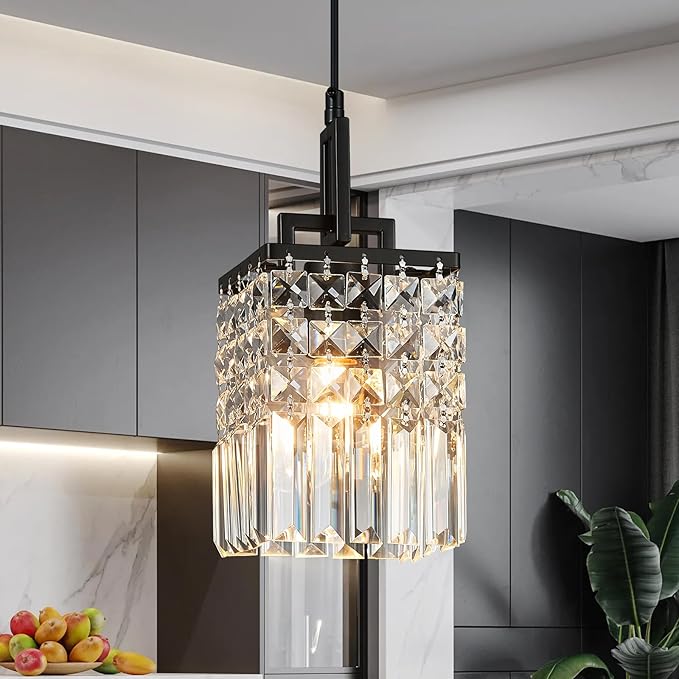 Modern Crystal Pendant Light Kitchen Island Farmhouse Lamp Adjustable Height Hanging Lighting Square Black Chandelier Suitable for Kitchen Island Dining Room and Bedroom(1Pack)