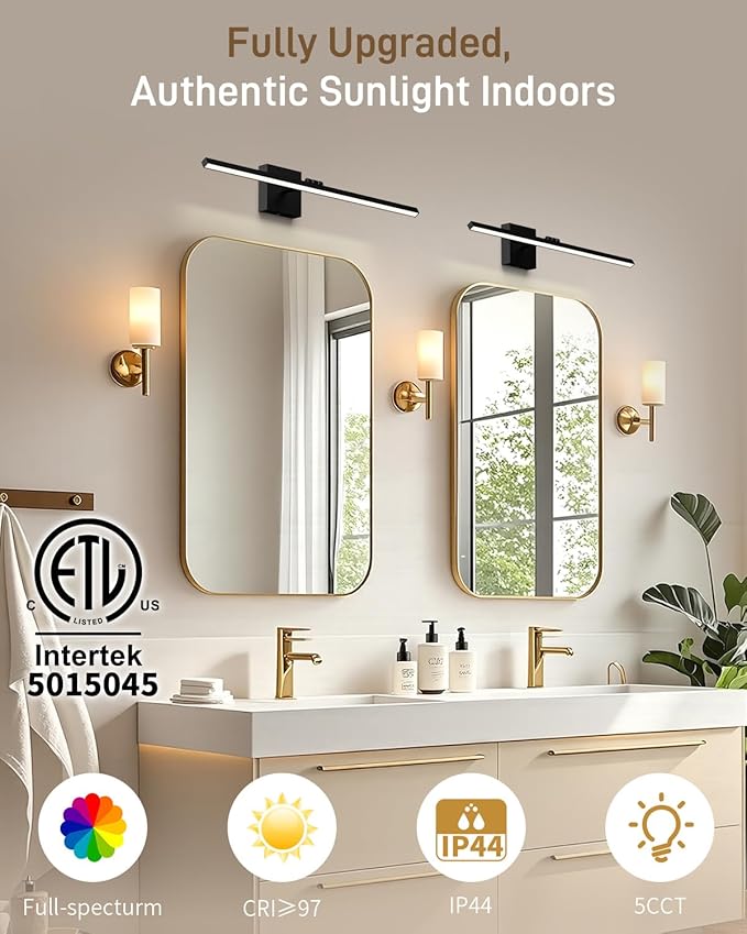 Black Bathroom Vanity Light Fixtures, Morden Vanity Lights with 5CCT&Dimmable Wall Sconce Lamp, 16IN Rotatable Vanity Bath Fixture Over Small Mirror For Bathroom Restroom Bedroom Hallway-ETL Certified