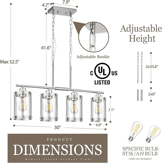 4-Light Kitchen Island Lighting, Brushed Nickel Linear Dining Room Light Fixtures with Clear Glass, Modern Industrial Chandelier Pendant Light for Kitchen Island Dining Room, OS-3014-4ISBN