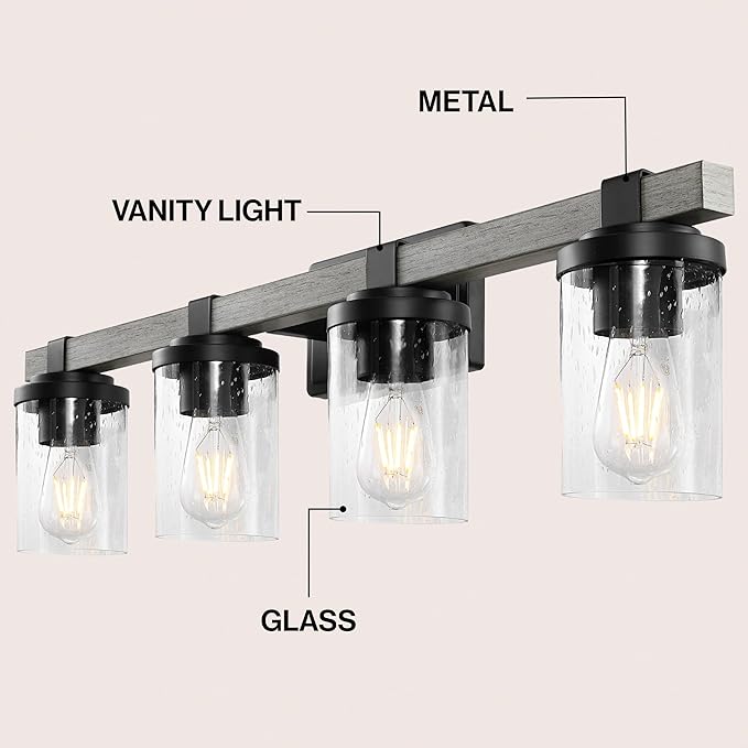 JONATHAN Y 32" Black/Gray Oak Wood Finish LED Vanity Light, Rustic Farmhouse Sconce, Clear Seeded Glass Shade, Industrial Wall Lamp for Bathroom Mirror, Kitchen Sink, LED Bulb (JYL7510B)