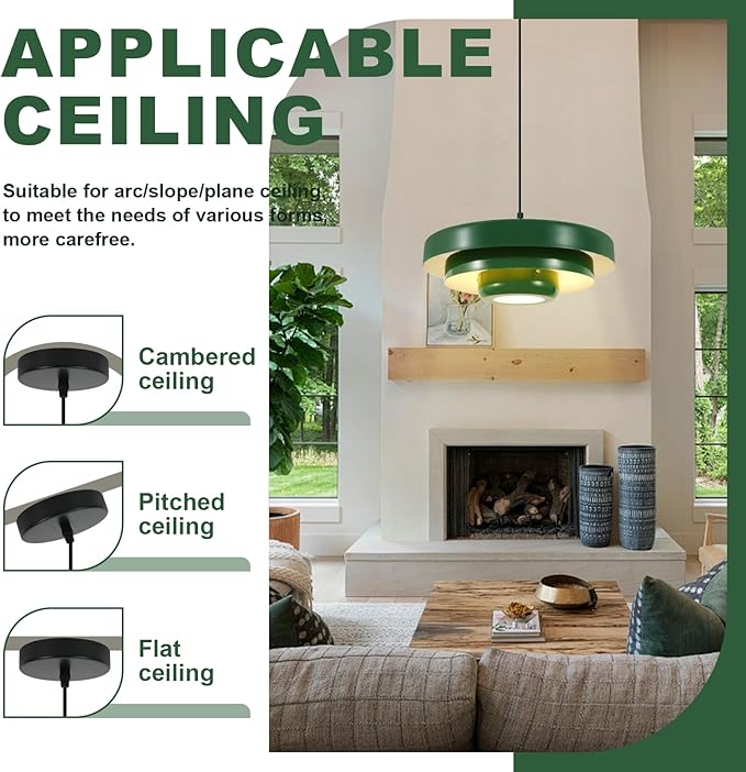 Vintage Industrial Green Pendant Light, 17.7" Large Adjustable 59" Cord Hanging Ceiling Light Fixture Mid Century Modern Chandelier for Garage Workshop