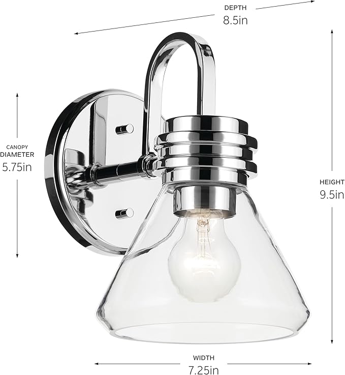 Kichler Farum 7.25" 1-Light Wall Sconce with Clear Glass in Chrome for Bathroom Vanity Light, Kitchen, Bedroom, Hallway, or Fireplace (7.25" W x 9.5" H) 55153CHCLR