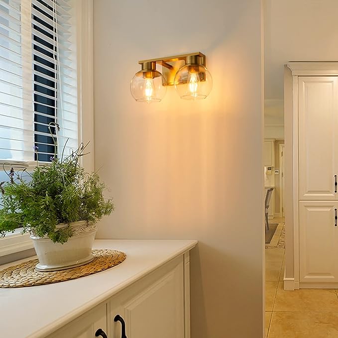 PAZALA 2 Light Vanity Lights, Brushed Brass Bathroom Wall Sconce Light with Globe Glass Shade, Bathroom Light Fixture Over Mirror for Bedroom, Living Room, Hallway (E26 Base)