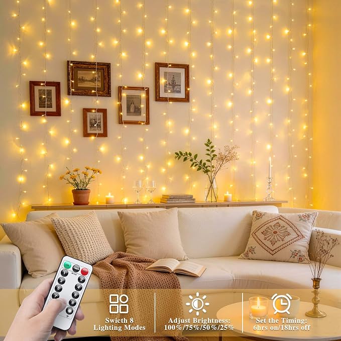 JMEXSUSS 200 LED Curtain Lights Battery Operated & USB Plug in, 8 Modes Warm White Curtain Hanging String Lights Indoor Outdoor for Bedroom Backdrop Wall Dorm Wedding Party Patio Christmas Decorations
