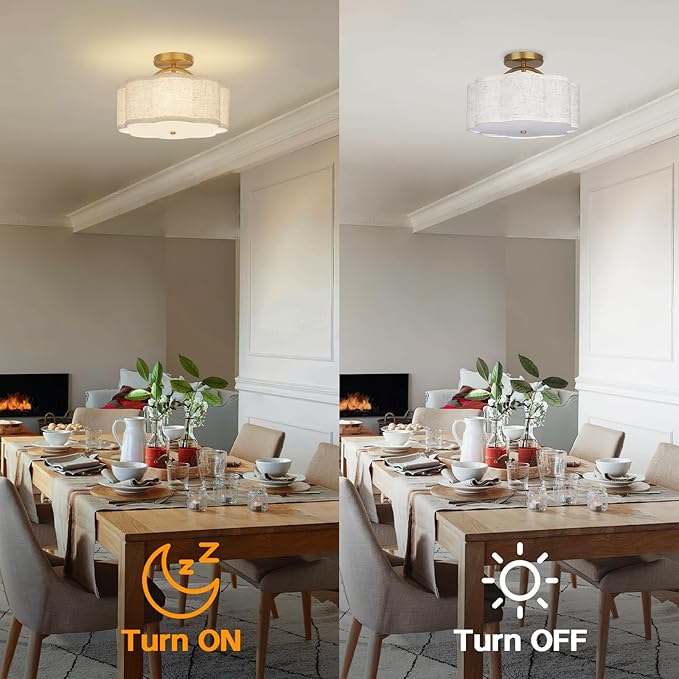 Semi Flush Mount Ceiling Light, 11.8" Modern 3-Light Fixture with Petal-Shaped Cream Beige Linen Shade and Golden Support Arm, Ideal for Bedroom, Kitchen, Living Room, Hallway, and Entryway