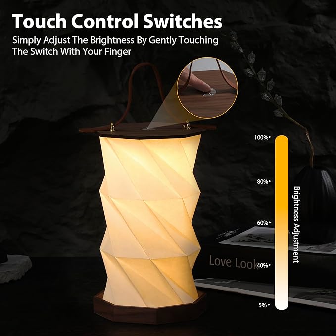 Ba sus Wooden Rotating Table Lamp, Warm Light Design with Leather Handle, Long Press Dimming Function, Built-in Battery & USB Rechargeable, Adjustable Heights for Bedroom, Living Room, Camping