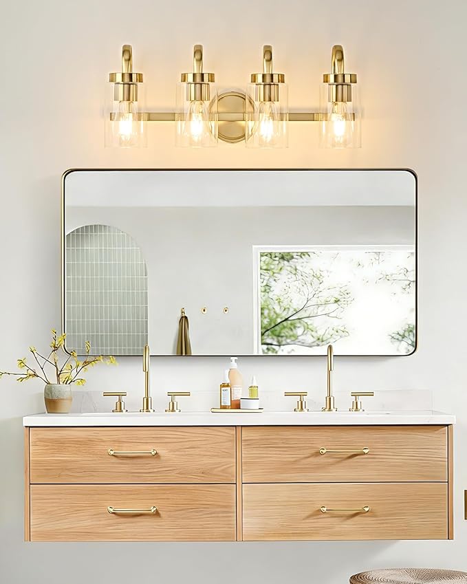 4 Light Bathroom Vanity Light, Gold Vanity Lights for Bathroom, Modern Light Fixtures Over Mirror with Clear Glass Shade, Wall Sconce Lighting for Bedroom
