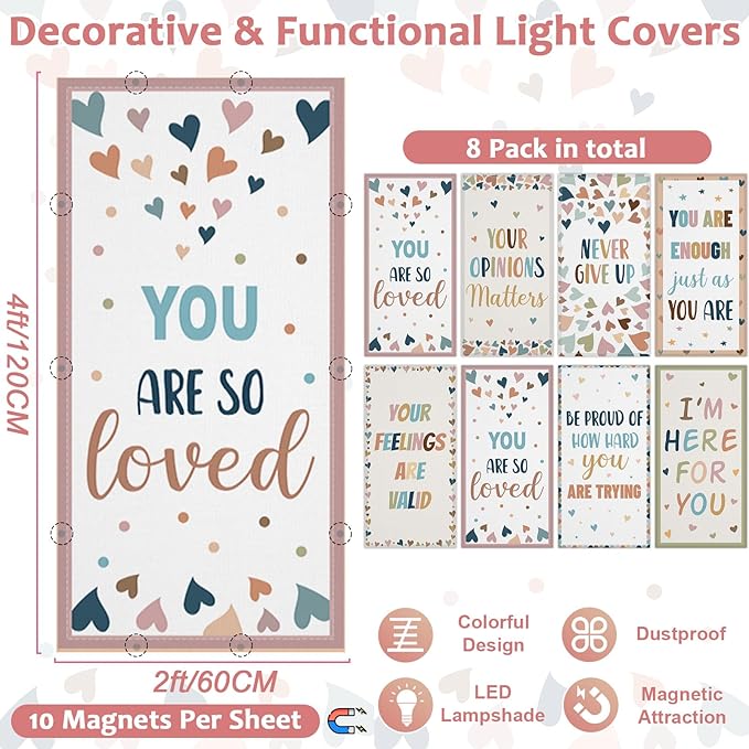 QOUBAI 8 Pcs Fluorescent Light Covers, 4x2 Feet Magnetic Light Cover Fluorescent Lights Shade Panel Positive Inspirational Ceiling Lights Filters for Office Classroom Home Drop Ceiling Boho Heart