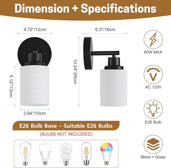 2-Pack, 1-Light Vanity Lights, Matte Black Bathroom Light Fixture with Textured Milky White Glass Shade, E26 Modern Vanity Lighting Fixture for Bathroom Wall Sconce