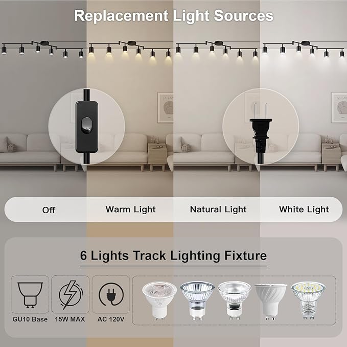 Plug in Track Lighting, LED Track Lighting Fixtures Ceiling, Black 6-Light Kitchen Light Kit, Plug in Wall Light with 14.8ft Power Cord, Rotatable Ceiling Spotlight for Bedroom(GU10 Socket, NO Bulb)