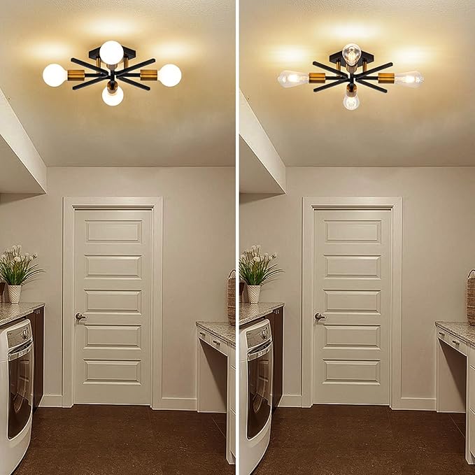 4 Light Sputnik Light Fixture Black Gold Flush Mount Lights Industrial Ceiling Light 2 Pack 19" Modern Farmhouse Ceiling Lights for Kitchen Bedroom Bathroom Foyer Hallway(E26)