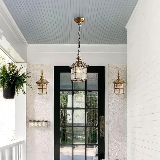 Milaii Mi Copper Brass Outdoor Pendant Light 12.6in Exterior Lantern Hanging Light Fixture Waterproof Anti-Rust Porch Light Outdoor Chandelier for Porch Kitchen Dining Room Entryway Patio