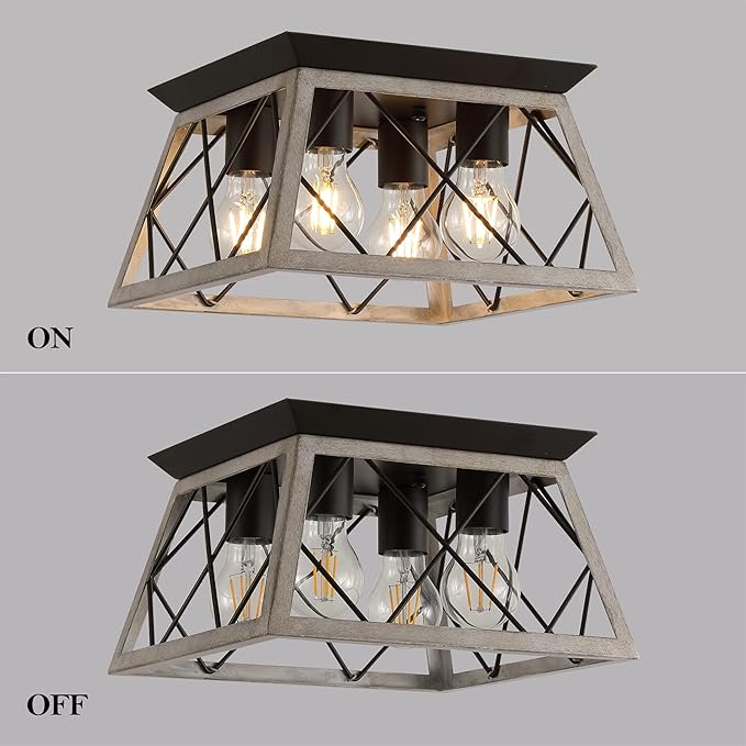 Q&S Farmhouse Ceiling Light Oak Semi Flush Mount Vintage 4-Light Square Rustic Island Light Fixtures for Entryway Hallway Dining Room Living Room Bedroom