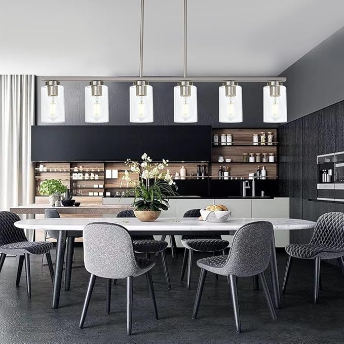 TODOLUZ 6-Light Kitchen Island Lighting with Clear Glass Shades, Modern Linear Pendant Light Fixture for Dining Room Pool Table, Brushed Nickel Finish