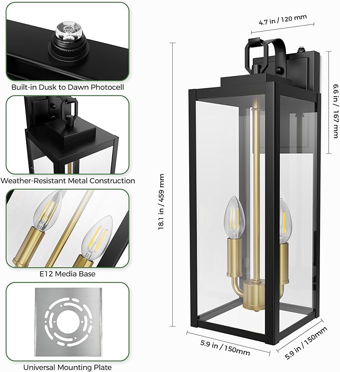 DORESshop 18" Dusk to Dawn Outdoor Wall Lights, 2-Light Black & Gold Outdoor Wall Sconce Lantern with Clear Glass, Tall Transitional Exterior Light Fixtures for Porch, Garage, ETL Listed, 2 Pack