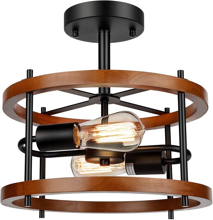 Lakumu 2-Light Retro Semi Flush Mount, Rustic Vintage Wood & Black Metal Industrial Farmhouse Ceiling Lamp for Hallway, Entryway, Bedroom, Balcony, Dining Room