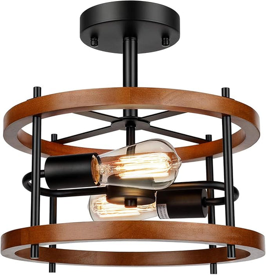 Lakumu 2-Light Retro Semi Flush Mount, Rustic Vintage Wood & Black Metal Industrial Farmhouse Ceiling Lamp for Hallway, Entryway, Bedroom, Balcony, Dining Room
