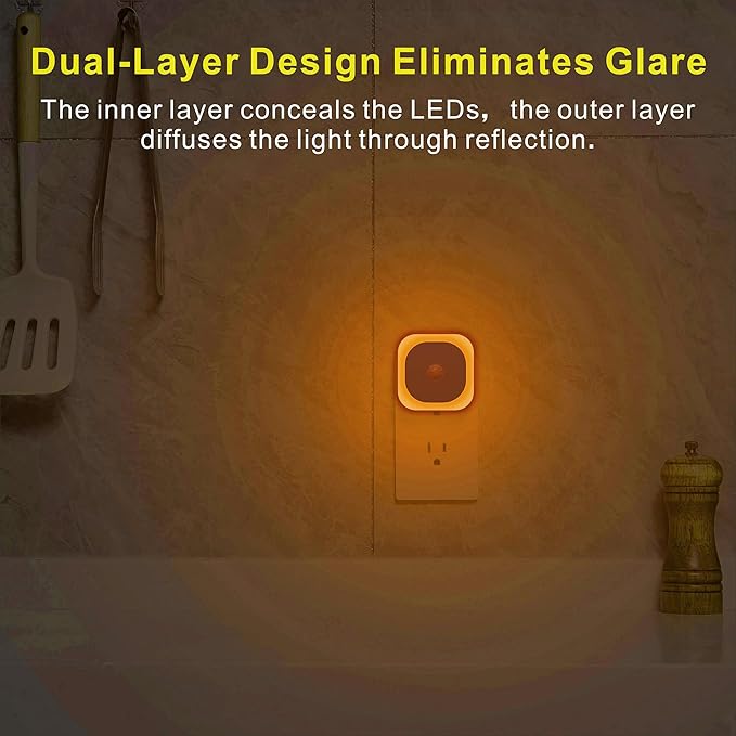 YUNLEX 2 Pack Plug in Amber Night Light with Motion Sensor & Dusk to Dawn Sensor, 3 Sensor Modes, Dimmable Night Lights Plug into Wall, Nightlight for Kids, Sleep, Bathroom, Bedroom, as Mother Gifts