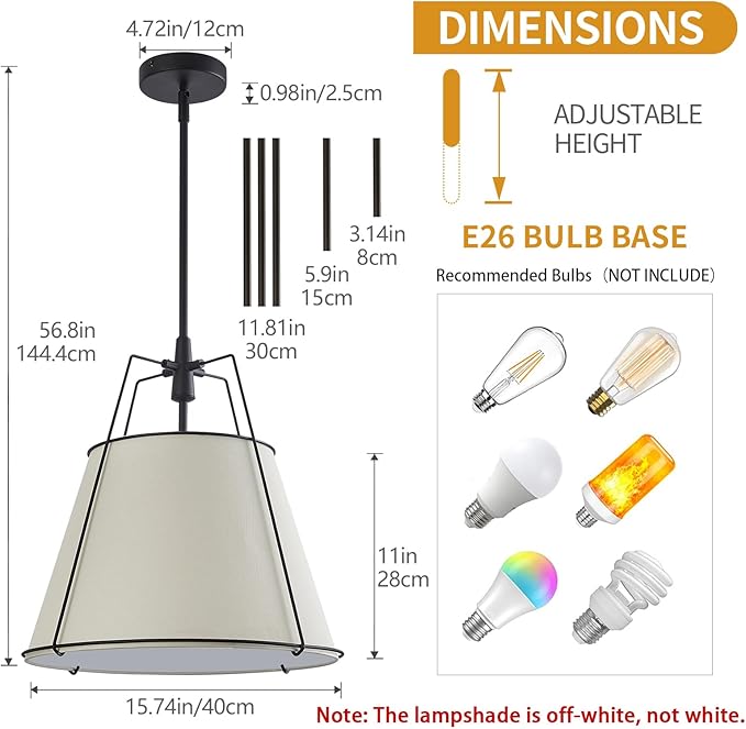 Modern Pendant Light Fixtures with 16" Off-White Linen Fabric Shade, Adjustable Hanging Light Fixture,3-Light Drum Black Vintage Chandelier for Kitchen Island Bedroom Dining Room Foyer