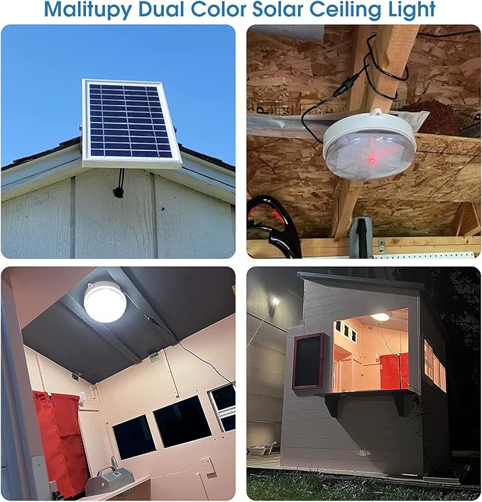 Solar Ceiling Lights-Indoor Outdoor, Daytime & Dimmable 1000LM Solar Shed Light with ON/Off Switch & Remote, Cool/Warm White Barn Light for Yard, Patio, Shop, Porch, Chicken Coop