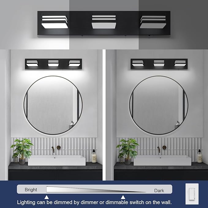 LED Modern Bathroom Vanity Light Fixtures (3-Light, 24-Inch)(5CCT, Dimmable), Matte Black Modern Bathroom Wall Lighting Fixtures Over Mirror (3000K/3500K/4000K/5000K/6000K)