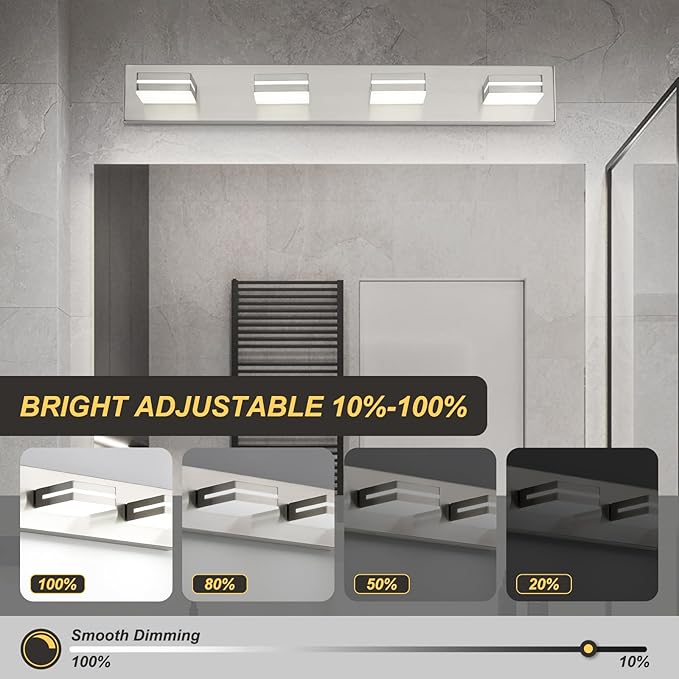 OKELI 4 Light Bathroom Vanity Light Brushed Nickel Modern 32W LED Dimmable Vanity Light Over Mirror 350° Adjustable Lamp Head Cold White 6000K ETL Listed 30Inch