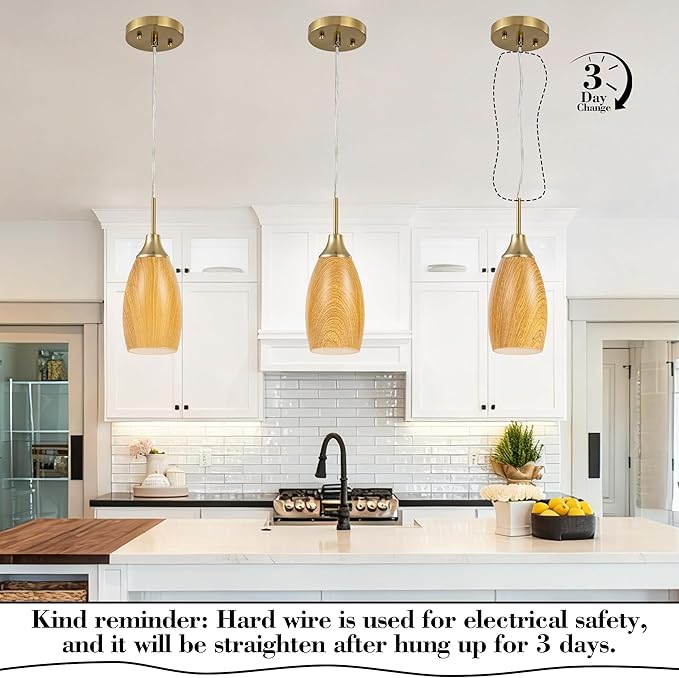 Viinew Mini Glass Pendant Light 4.72" Walnut Wood Grain Pendant Lights 3-Pack Handblown Art Oval Glass Hanging Pendant Light for Kitchen Island Dining Room Living Foyer Hallway Entry Brushed Gold