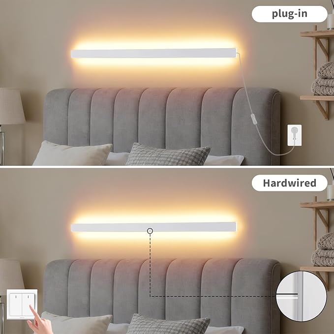 KELUOLY Modern Plug in Long Wall Sconce, 39.3" White Matte LED Wall Lights, 20W Warm White 3000K Acrylic Indoor Wall lamp, with 59" Plug Cable for Bedroom, Living Room, Hallway