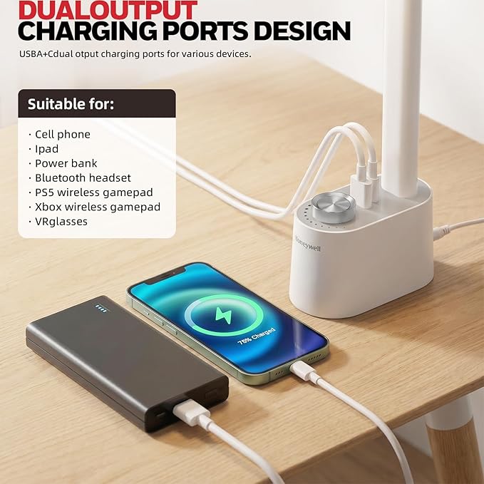 Honeywell LED Desk Lamp - Sunturalux Desk Lamps for Home Office with USB A+C Charging Ports, 3 Color Modes Stepless Dimmable Eye-Caring Foldable Desk Light for Bedroom Table Reading Study(White)