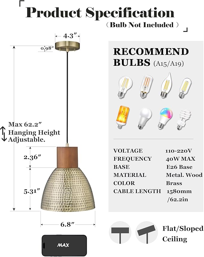 ELYONA Vintage Hammered Pendant Light Fixture, 7” Small Brushed Brass Metal Hanging Light Solid Wood Antique Gold Pendant Lamp for Kitchen Island, Farmhouse, Dining Room, Adjustable Height