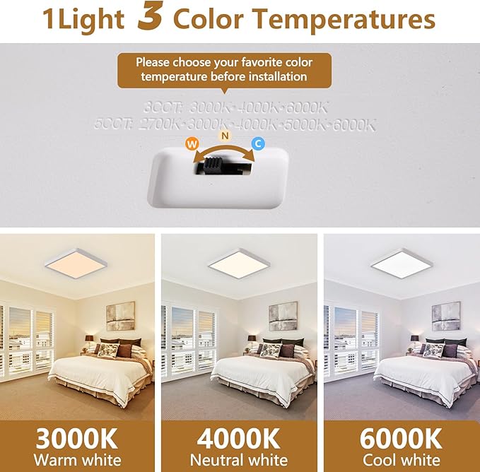 12 Inch 6PK Square LED Flush Mount Ceiling Light, 30W, 3000LM 3000K/4000K/6000K CCT Selectable, Square LED Flat Panel Ceiling Light Fixture for Bedroom,Kitchen,Living Room (White)
