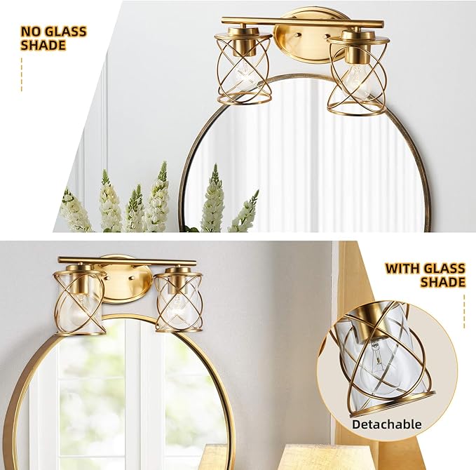 mavcadonf 2-Light UL Certified Brushed Gold Vanity Light, Metal Cage Shade Wall Sconce Over Mirror, Modern Farmhouse Light Fixture for Bathroom Kitchen Bedroom Hallway