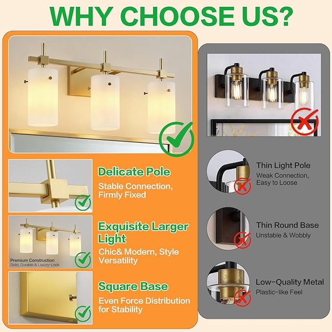 SOLFART 3-Light Bathroom Vanity Light, Modern Brushed Gold Wall Lights with Milky White Clear Glass Shades, Bathroom Wall Sconce Lamp for Mirror Living Room Bedroom Hallway (Bulbs Not Included)