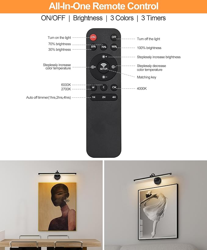 LED Picture Light,Cord-free Picture Frame Light for Wall, 5000mAh Rechargeable Art Lights, Cordless Battery Wall Sconce for Paintings ,Art work,Portraits, Dartboards, Bookshelf(Black, 23.6inch)